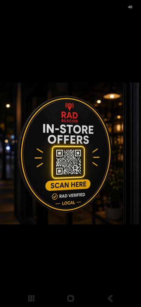 The Beacon displayed in a retail unit's shop window, inviting customers to scan for in-store offers.